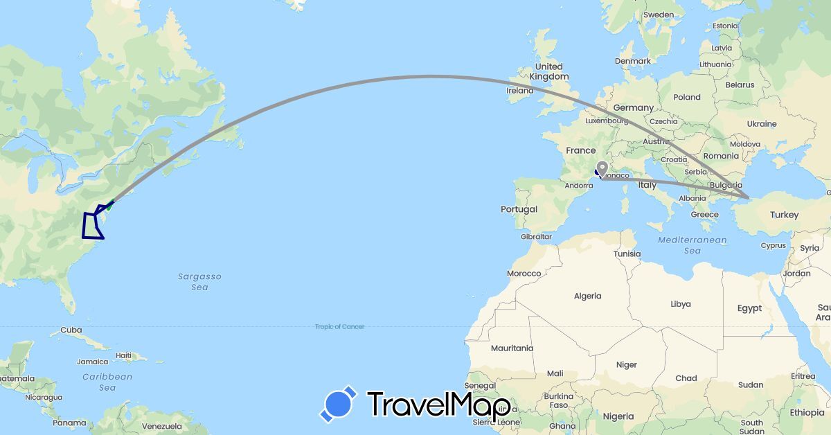 TravelMap itinerary: driving, bus, plane in France, Turkey, United States (Asia, Europe, North America)